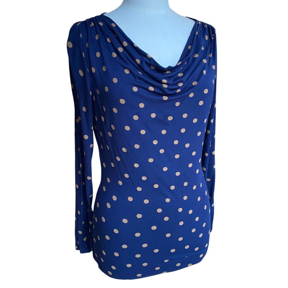 Boden Polka Dot Cowl Neck Blue Tan Long Sleeve Jersey Knit Top Preppy Parisian-6
